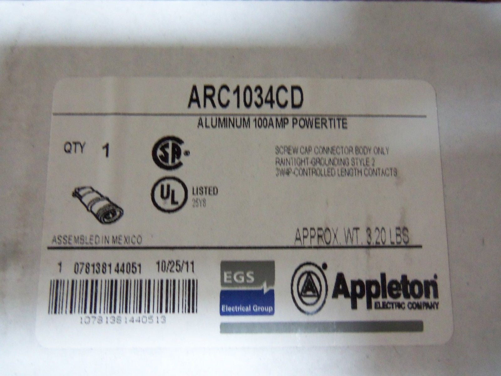APPLETON POWERTITE ARC1034CD RECEPTACLE 100A *NEW IN BOX*