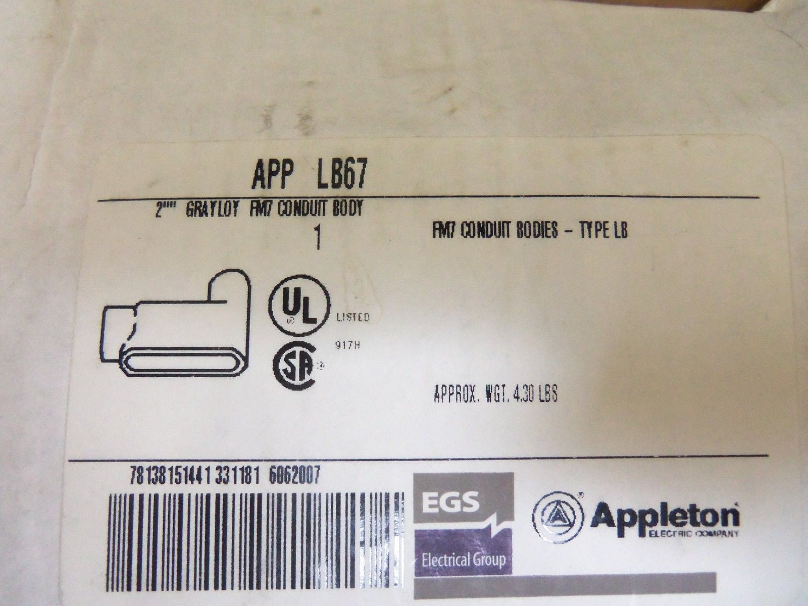 APPLETON LB67 CONDUIT *NEW IN BOX*