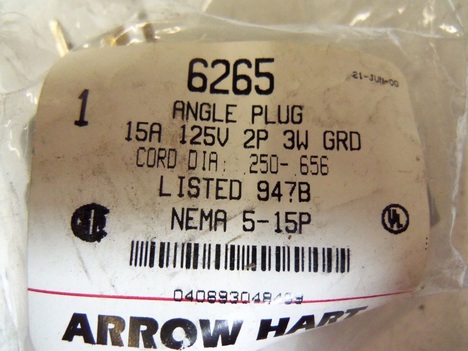 ARROW HART ANGLE PLUG 6265 *NEW IN FACTORY BAG*