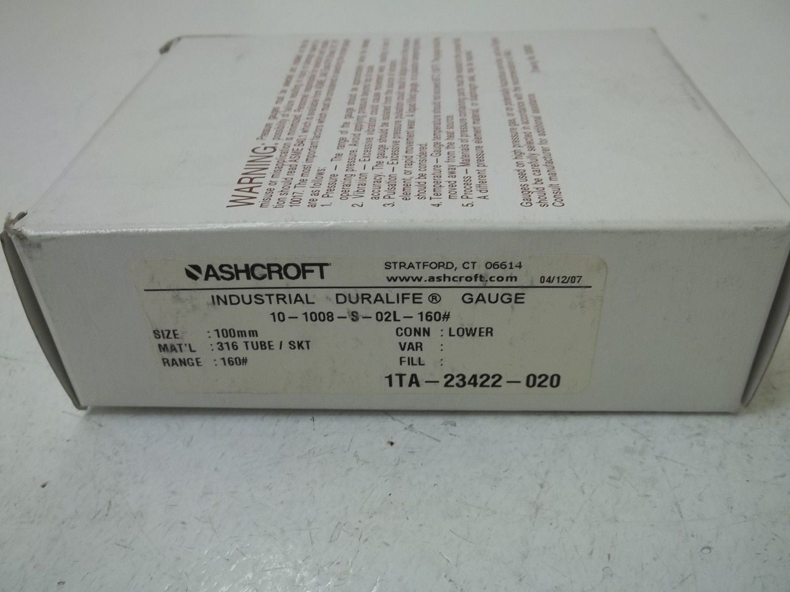 ASCHROFT 10-1008-S-02L-160# PRESSURE GAUGE 0-160 *NEW IN BOX*