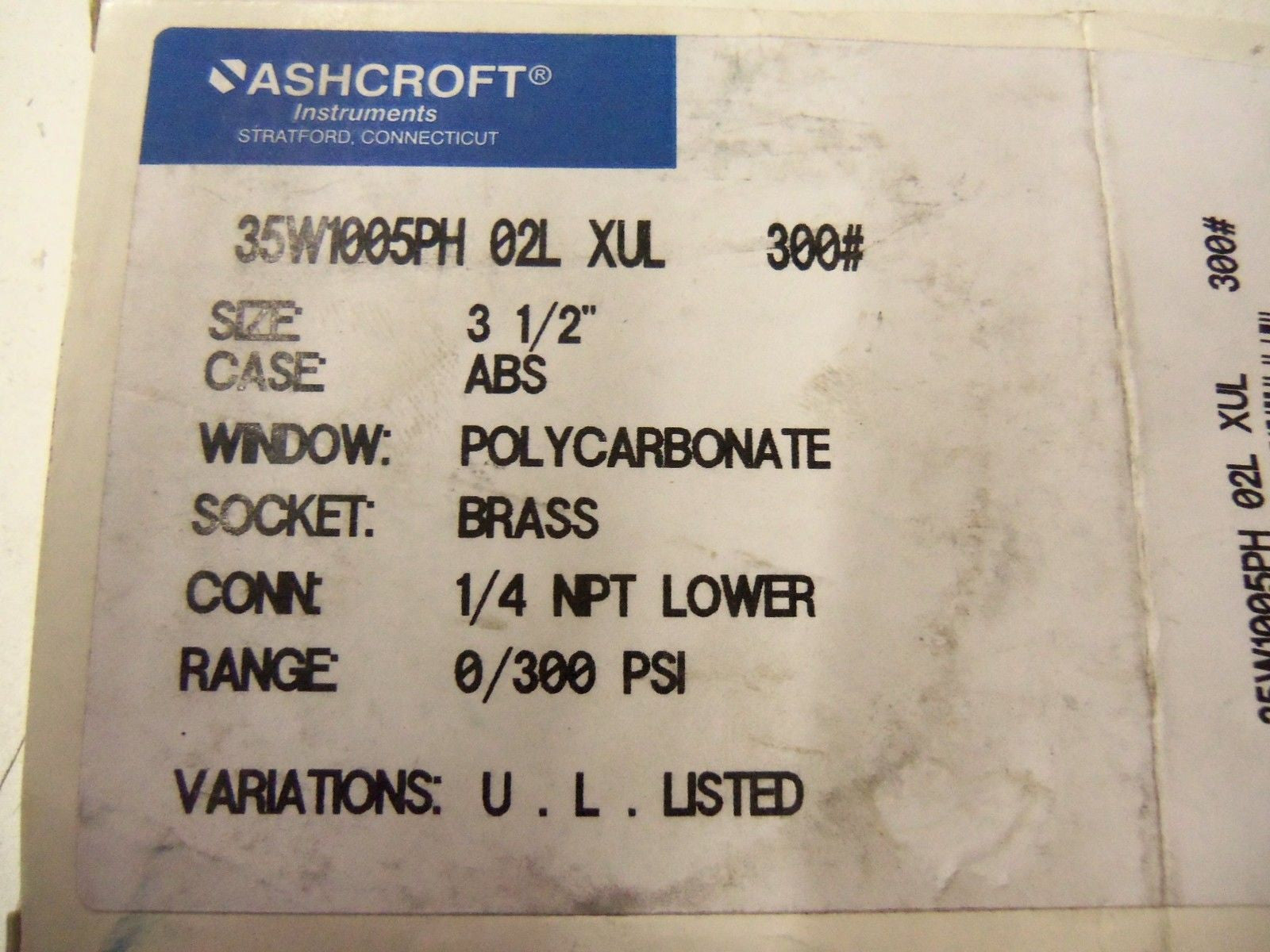 ASCHROFT 35W1005PH 02L XUL PRESSURE GAUGE  *NEW IN BOX*