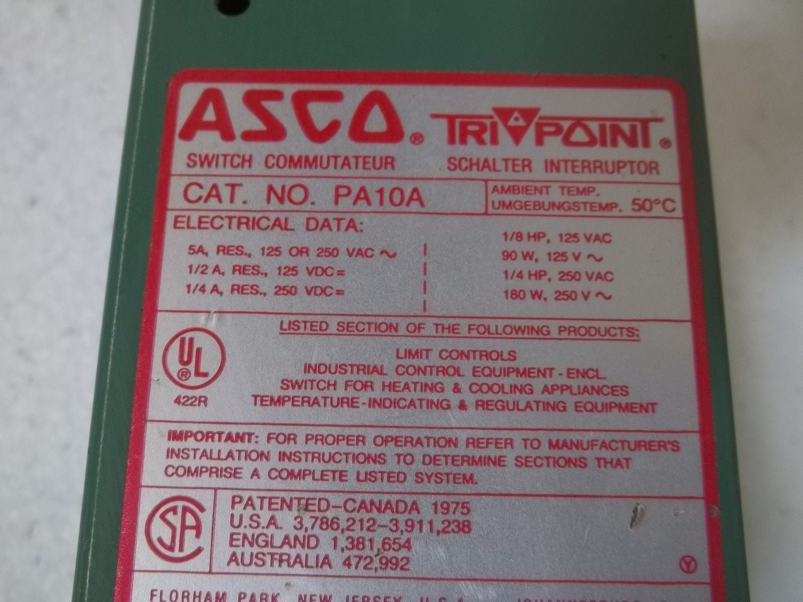 ASCO PA10A SWITCH COMMUTATEUR *USED*