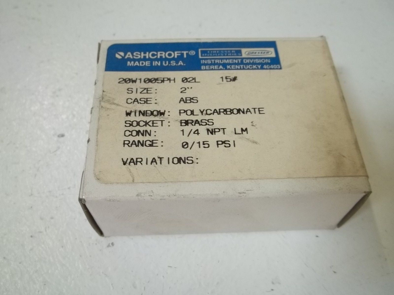 ASHCROFT 20W1005PH02L-15# PRESSURE GAUGE 0-15 PSI *NEW IN BOX*
