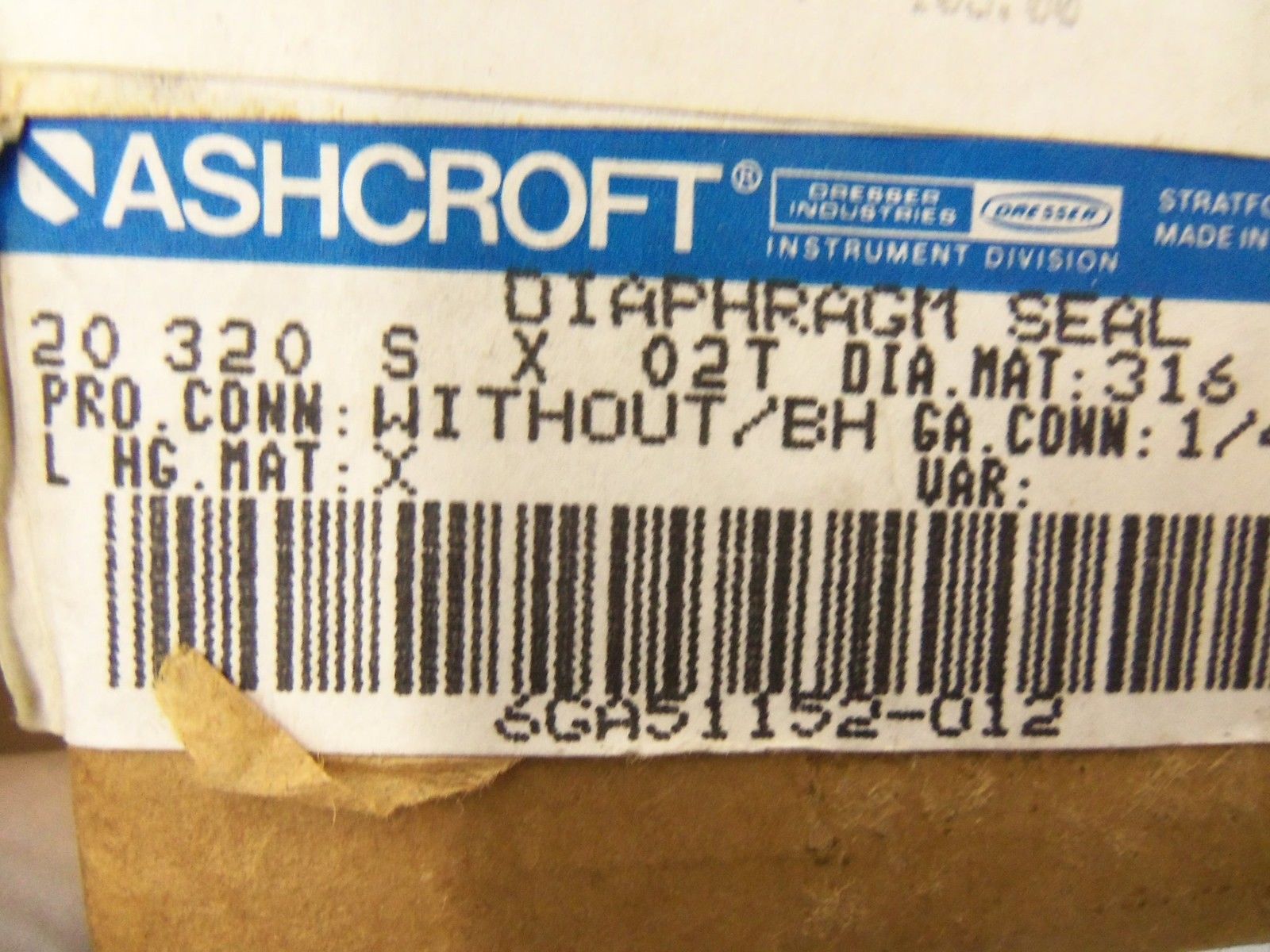 ASHCROFT 20320SX02T DIAPHRAGM SEAL *NEW IN BOX*