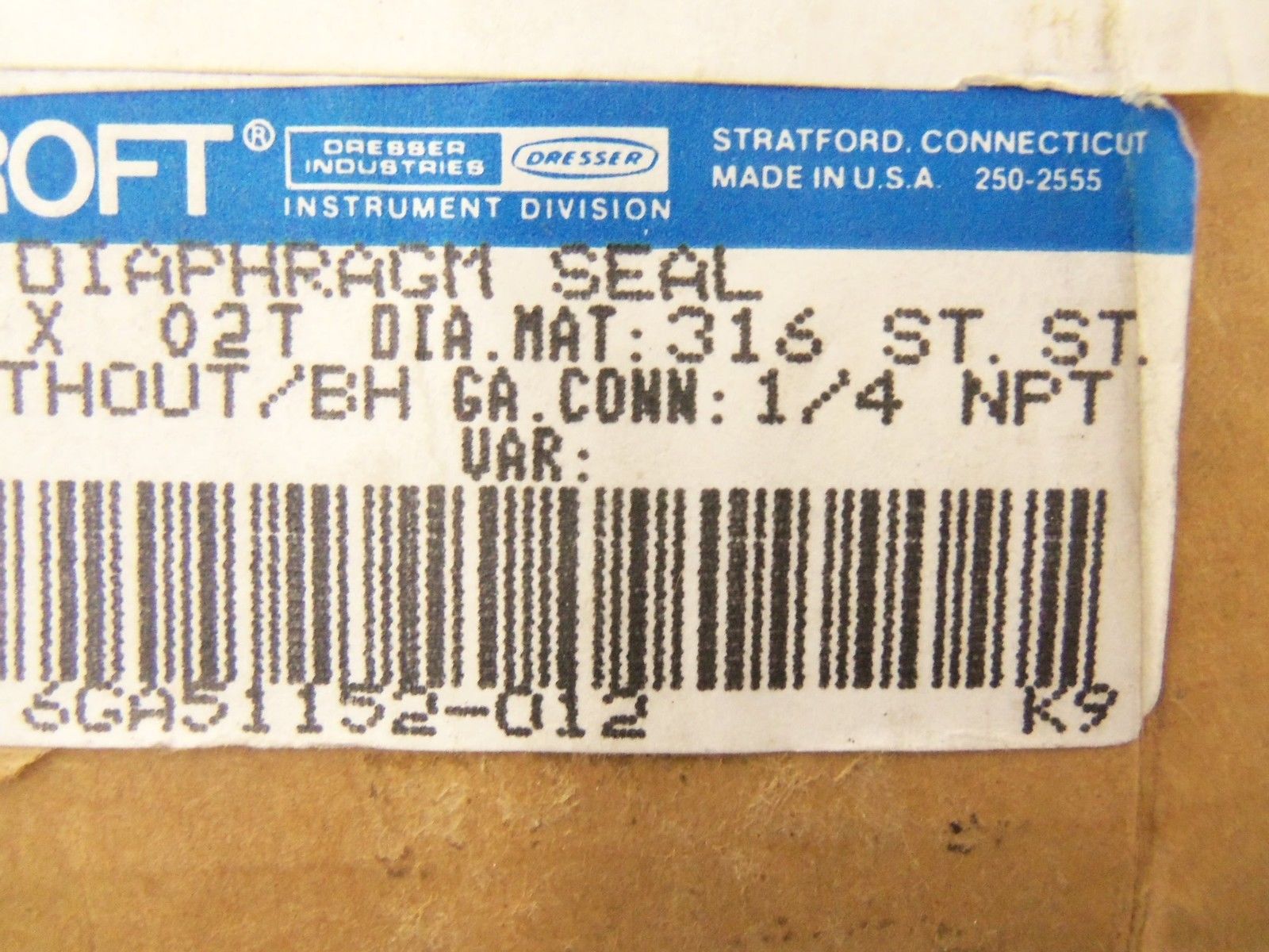 ASHCROFT 20320SX02T DIAPHRAGM SEAL *NEW IN BOX*