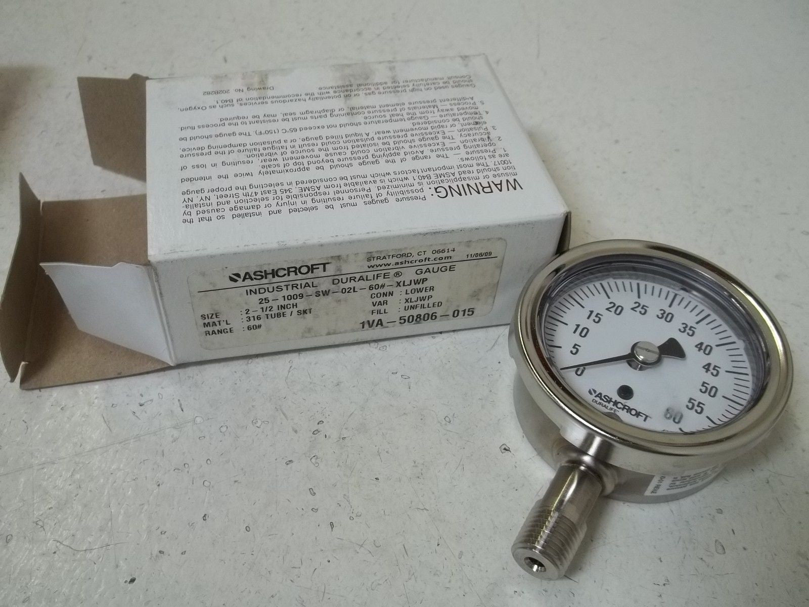ASHCROFT 251009SW02L-60#XLJWP PRESSURE GAUGE 0-60 PSI *NEW IN BOX*