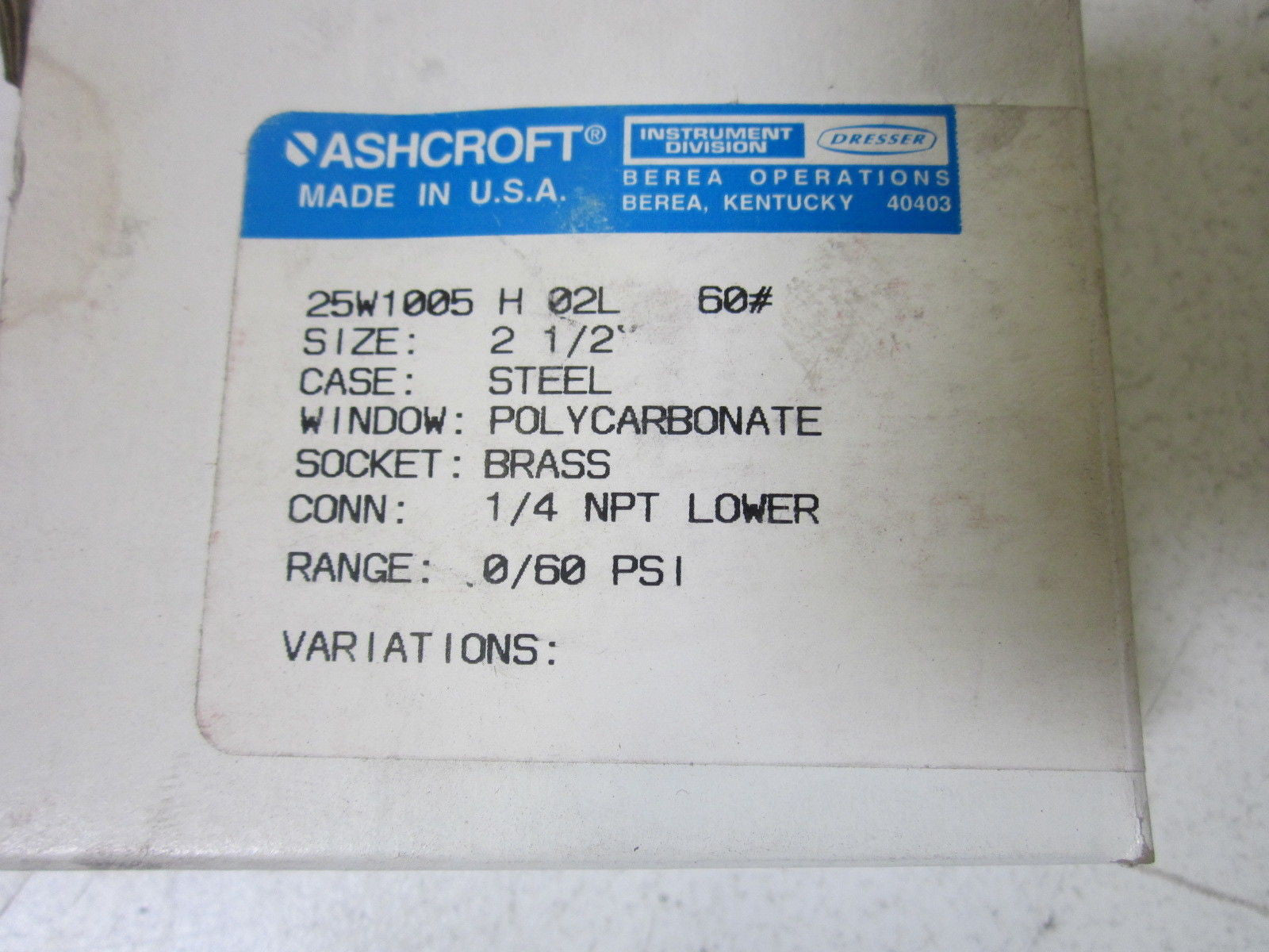 ASHCROFT 25W1005H02L-60# PRESSURE GAUGE 0-60 PSI *NEW IN BOX*