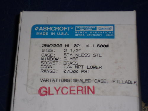 ASHCROFT 25W3000HL02LXLJ-600# PRESSURE GAUGE 0-600 PSI *NEW IN BOX*