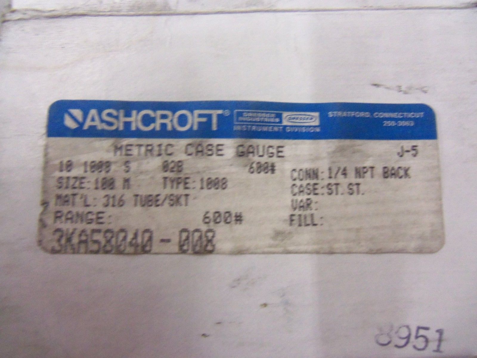 ASHCROFT 101008S02B-600# PRESSURE GAUGE 0-600 PSI *NEW IN BOX*