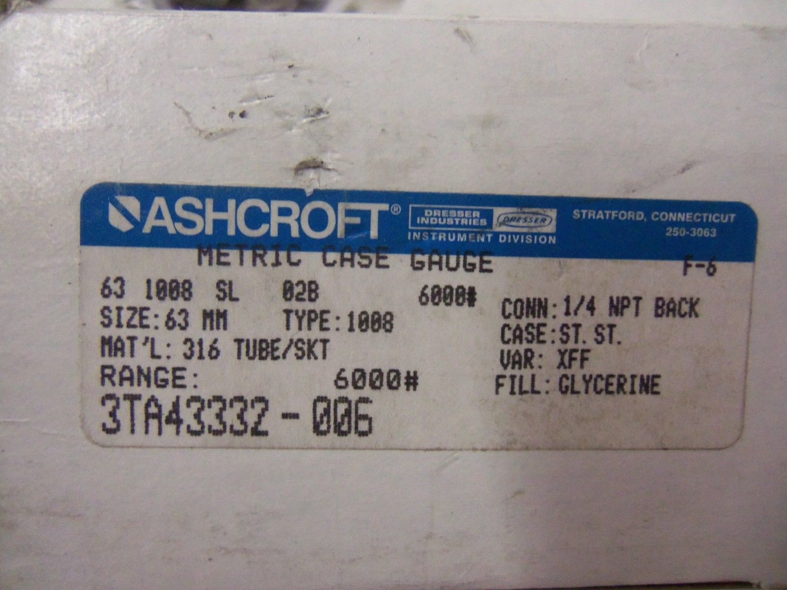 ASHCROFT 631008SL02B-6000# PRESSURE GAUGE 0-6000 PSI *NEW IN BOX*