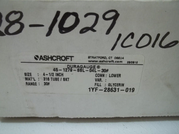 ASHCROFT 451279SSL04L-30# DURAGAUGE 0-30 PSI *NEW IN BOX*