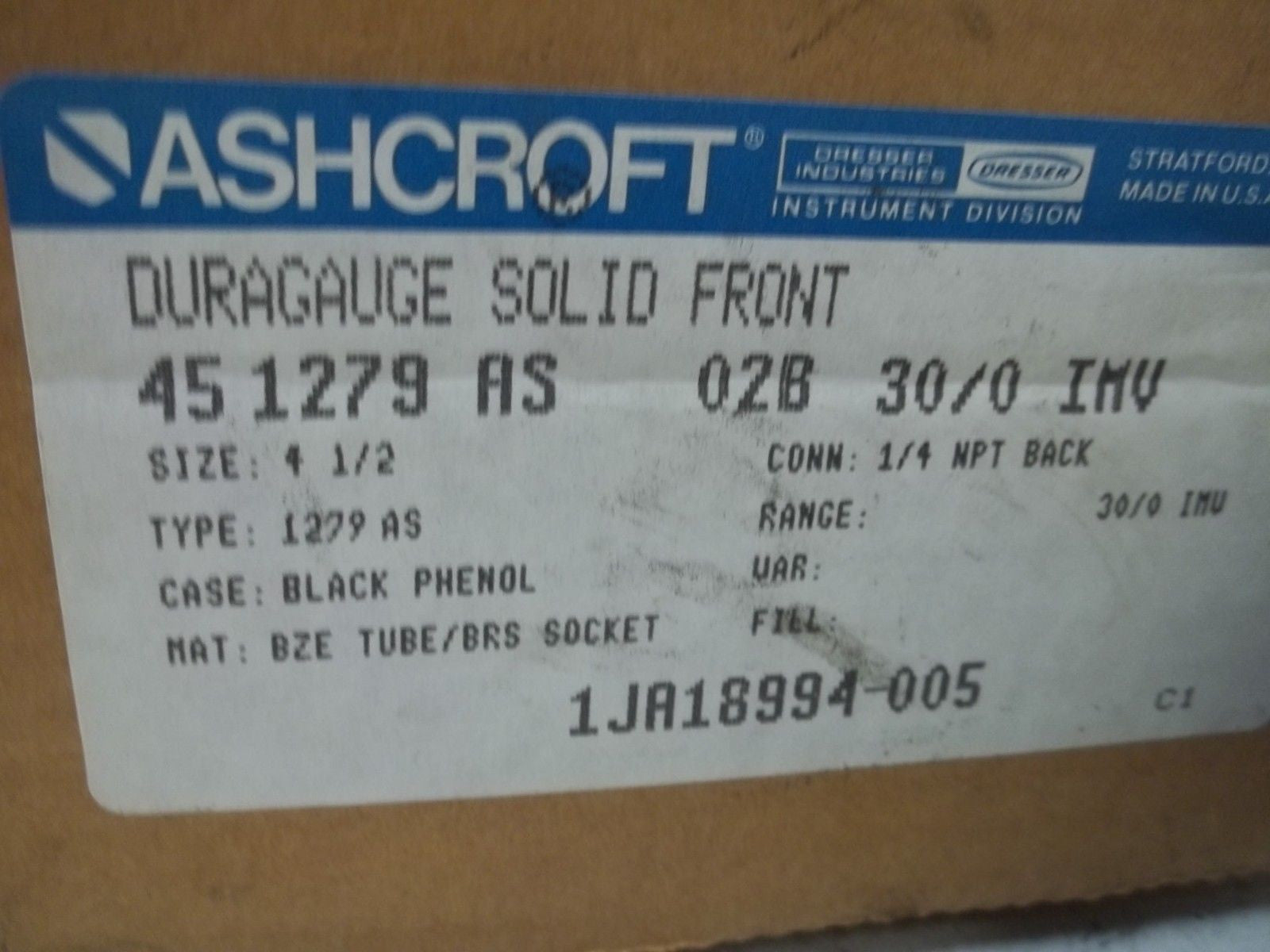 ASHCROFT 451279AS02B-30/0IMV PRESSURE GAUGE 30-0 IMV *NEW IN BOX*