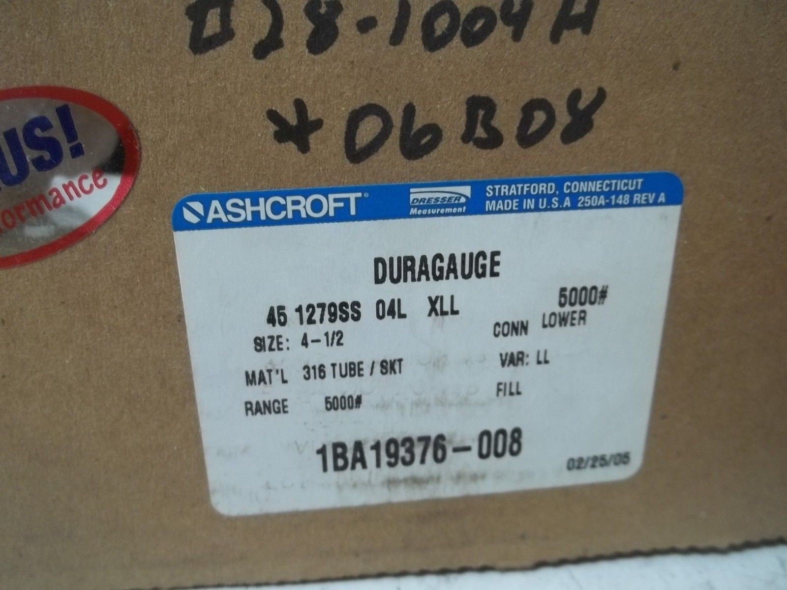 ASHCROFT 451279SS04LXLL-5000# DURAGAUGE 0-5000 PSI *NEW IN BOX*