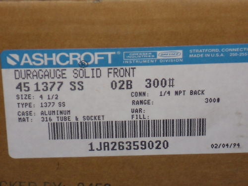 ASHCROFT 451377SS02B-300# DURAGAUGE 0-300 PSI *NEW IN BOX*