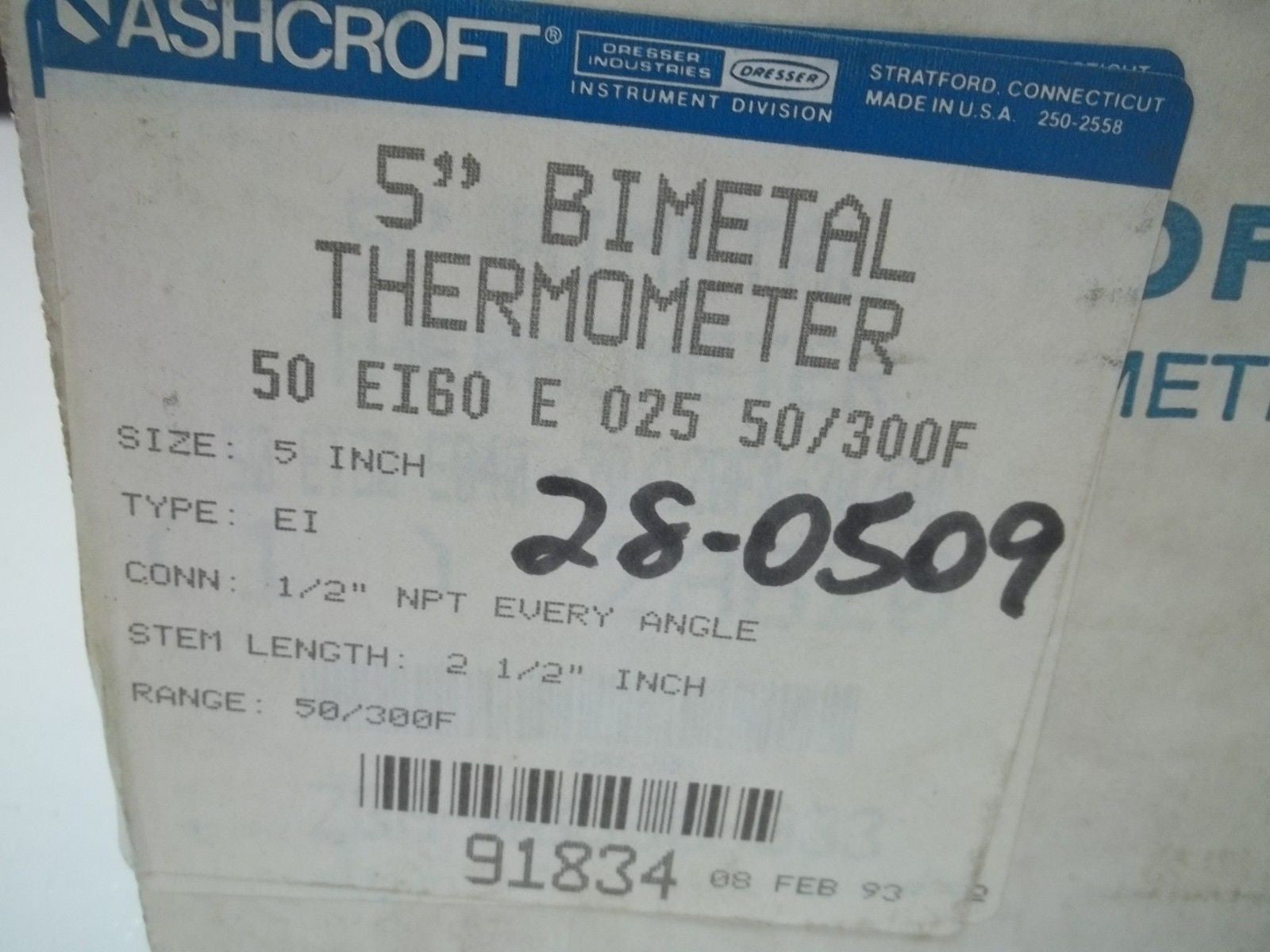 ASHCROFT 50EI60E025-50/300F BIMETAL THERMOMETER 2-1/2" STEM *NEW IN BOX*