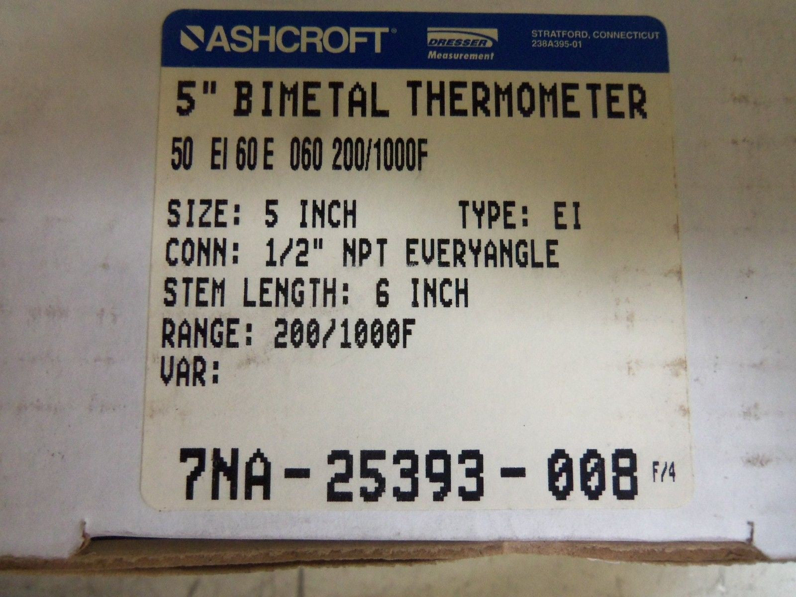 ASHCROFT 50EI60E060-200/1000F BIMETAL THERMOMETER 6" STEM *NEW IN BOX*