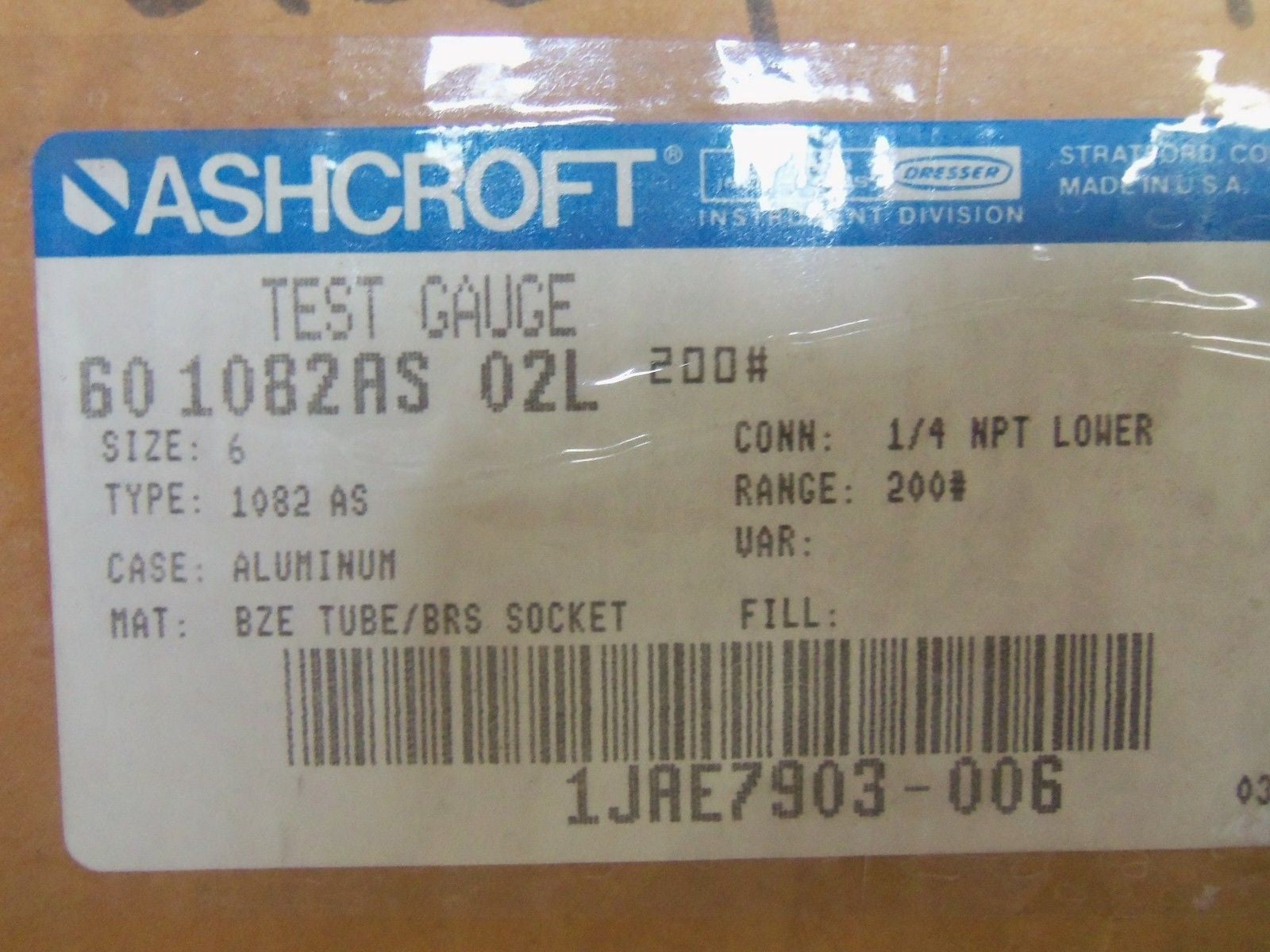 ASHCROFT 601082AS02L-200# TEST GAUGE 0-200 PSI *NEW IN BOX*