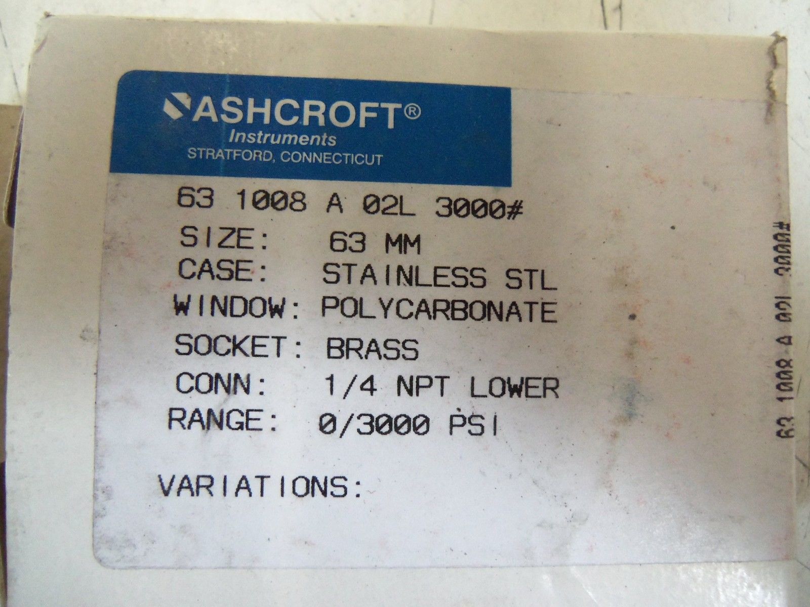 ASHCROFT 631008A02L-3000# PRESSURE GAUGE 0-3000 PSI *NEW IN BOX*