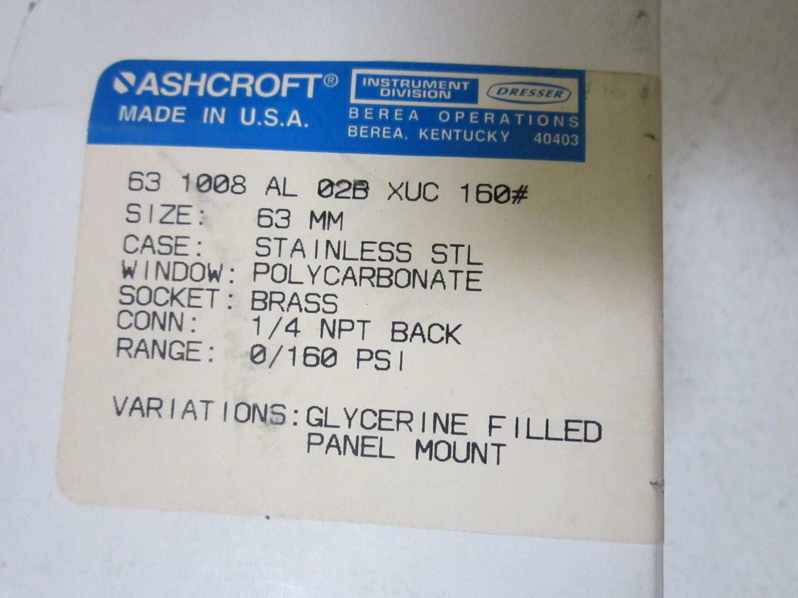 ASHCROFT 631008AL02BXUC-160# PRESSURE GAUGE 0-160 PSI *NEW IN BOX*
