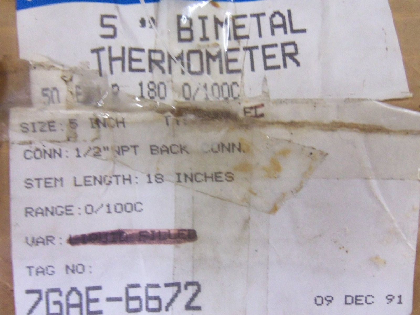 ASHCROFT 50EI60R180-0/100C BIMETAL THERMOMETER 18" STEM *NEW IN BOX*