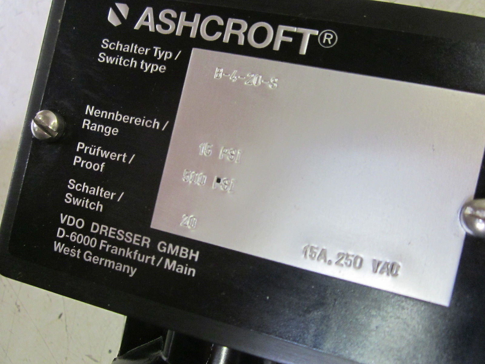 ASHCROFT B-4-20-S PRESSURE SWITCH 15A 250VAC 15-500PSI *NEW NO BOX*