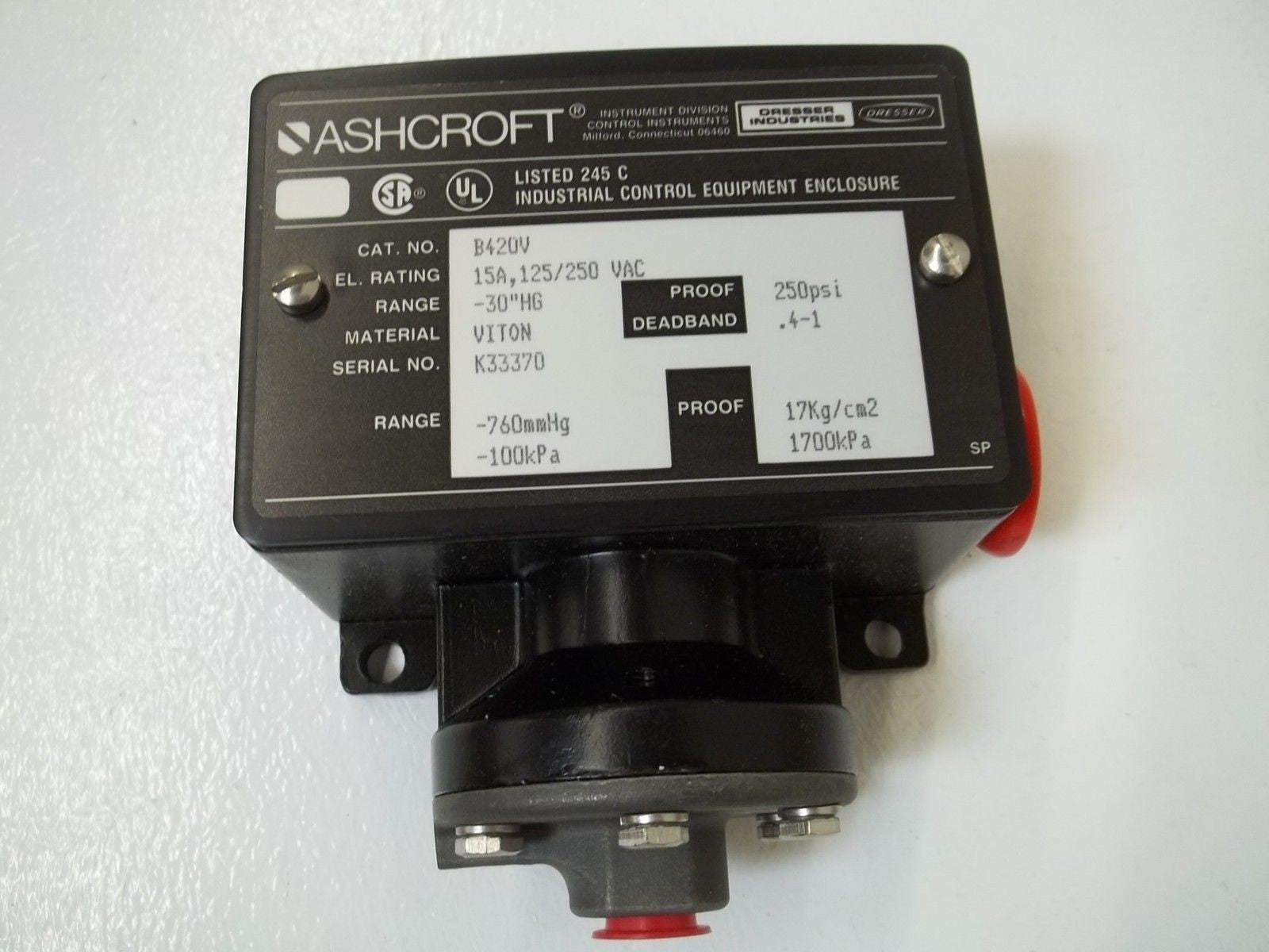 ASHCROFT B420V PRESSURE SWITCH -30" HG *NEW IN BOX*