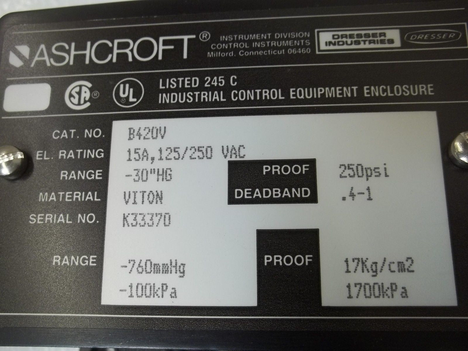 ASHCROFT B420V PRESSURE SWITCH -30" HG *NEW IN BOX*