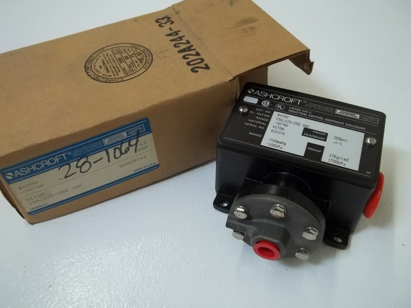 ASHCROFT B420V PRESSURE SWITCH -30" HG *NEW IN BOX*