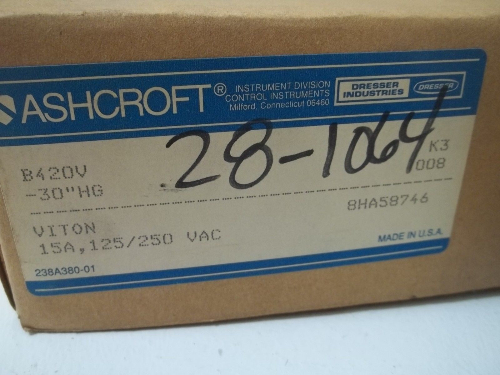 ASHCROFT B420V PRESSURE SWITCH -30" HG *NEW IN BOX*
