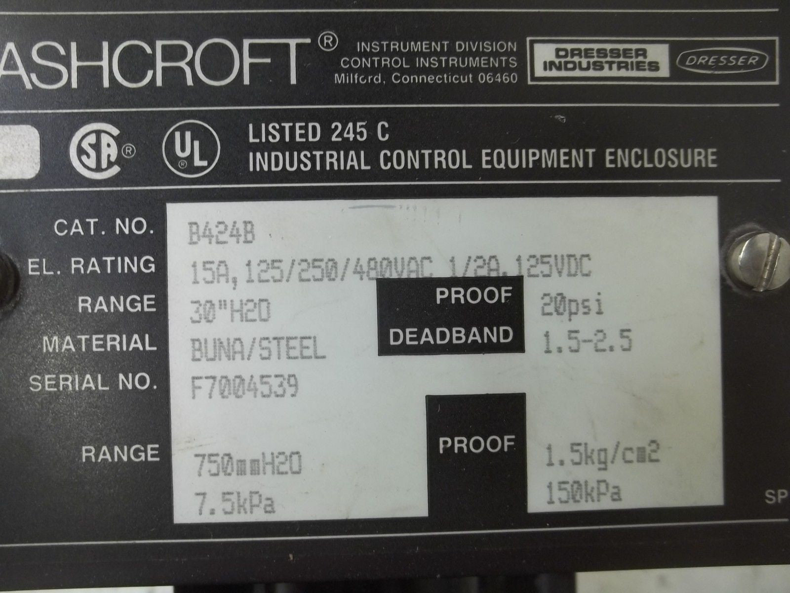 ASHCROFT B424B 30" WC *NEW NO BOX*