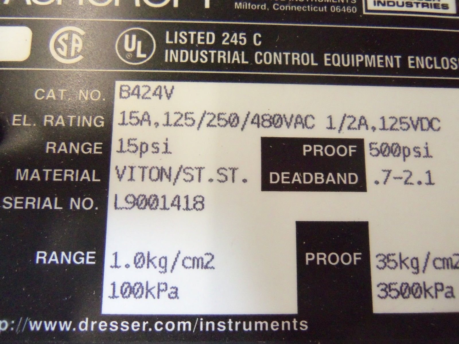 ASHCROFT B424V PRESSURE SWITCH 15 PSI *NEW IN BOX*