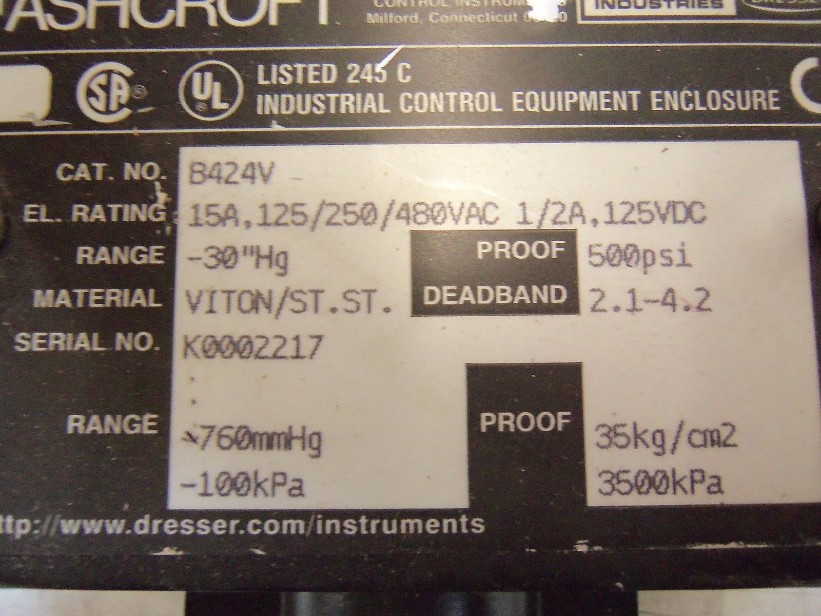 ASHCROFT B424V PRESSURE SWITCH -30" Hg *NEW NO BOX*
