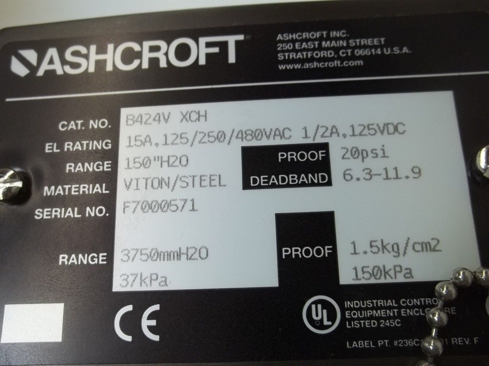 ASHCROFT B424VXCH PRESSURE SWITCH 150" WC *NEW IN BOX*