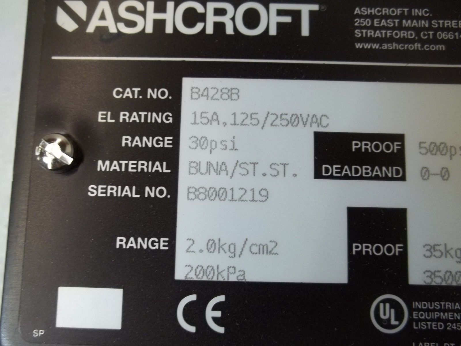 ASHCROFT B428B PRESSURE CONTROL SWITCH *NEW IN BOX*
