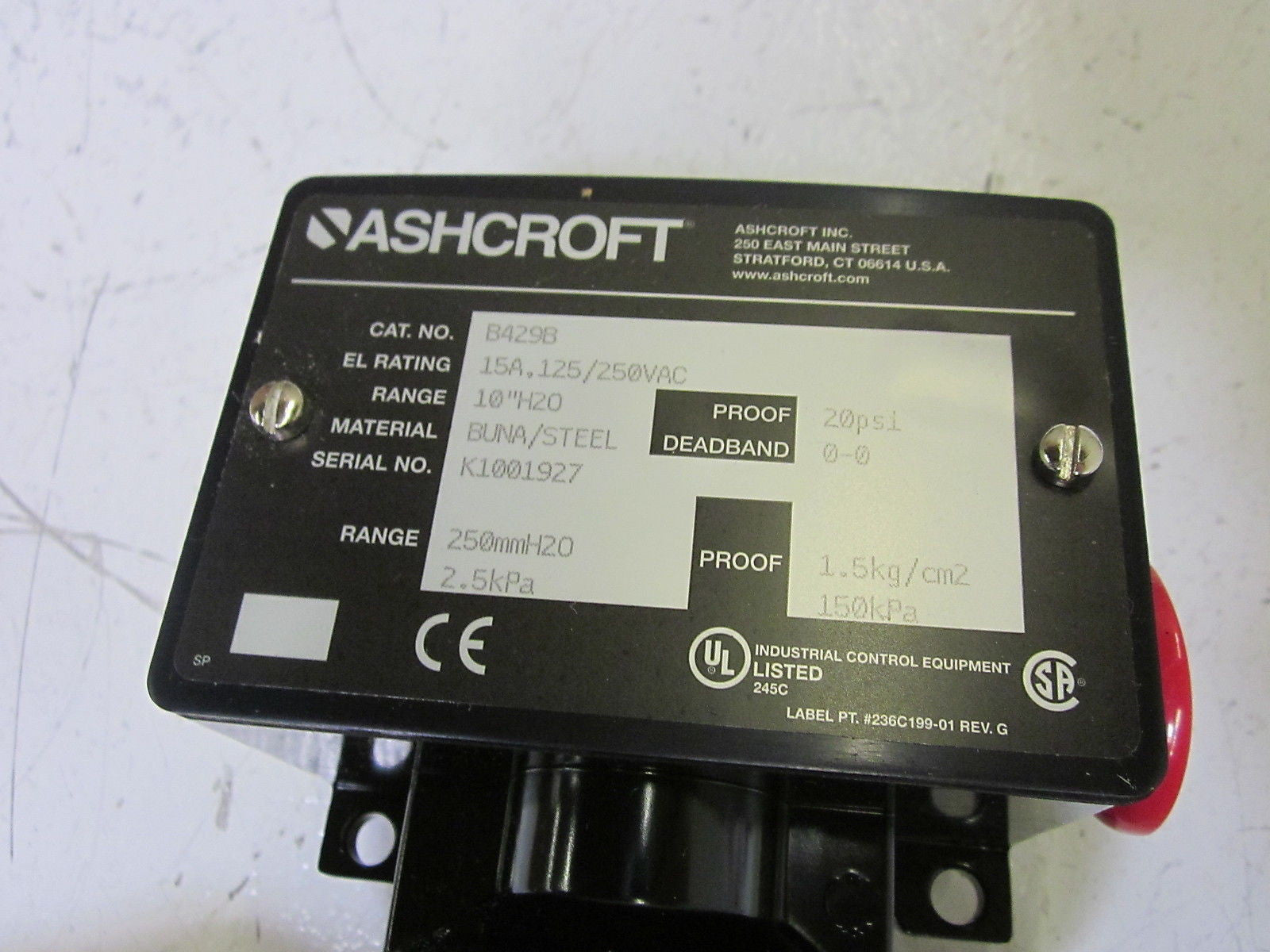 ASHCROFT B429B 10" H20 PRESSURE SWITCH 125/250VAC *NEW IN BOX*
