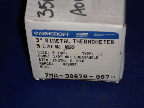 ASHCROFT 30EI60E060-0/200F BIMETAL THERMOMETER 6" STEM *NEW IN BOX*