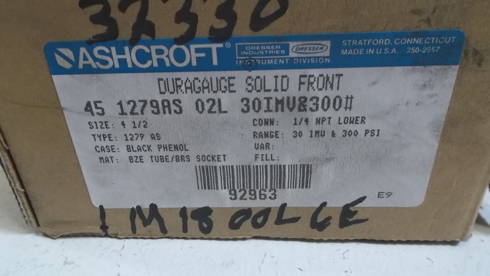 ASHCROFT 4510279AS02L-30IMV&300# DURAGAUGE 30-0 IMV 0-300 PSI *NEW IN BOX*
