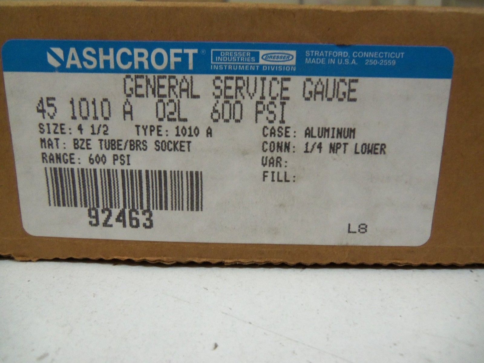 ASHCROFT 451010A02L-600# PRESSURE GAUGE 0-600 PSI *NEW IN BOX*