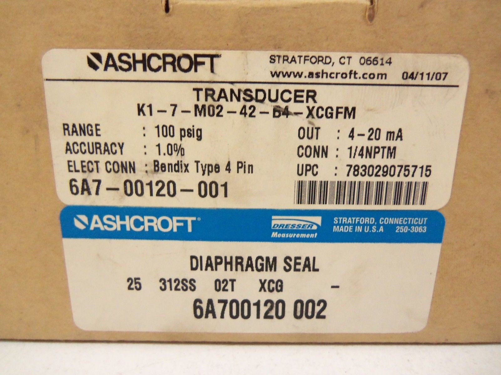 ASHCROFT TRANSDUCER K1-7-M02-42-B4-XCGM *NEW IN BOX*