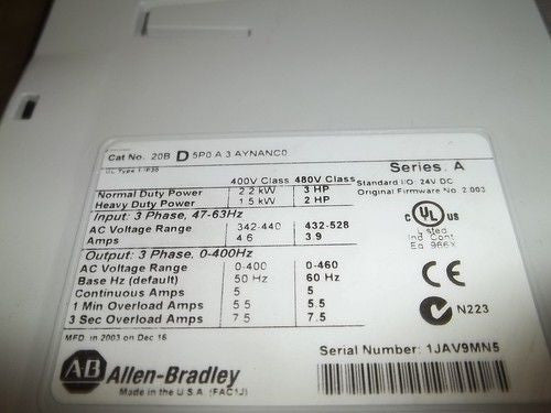ALLEN BRADLEY 20BD5P0A3AYNANC0 (AS IS) SERIES A *USED*