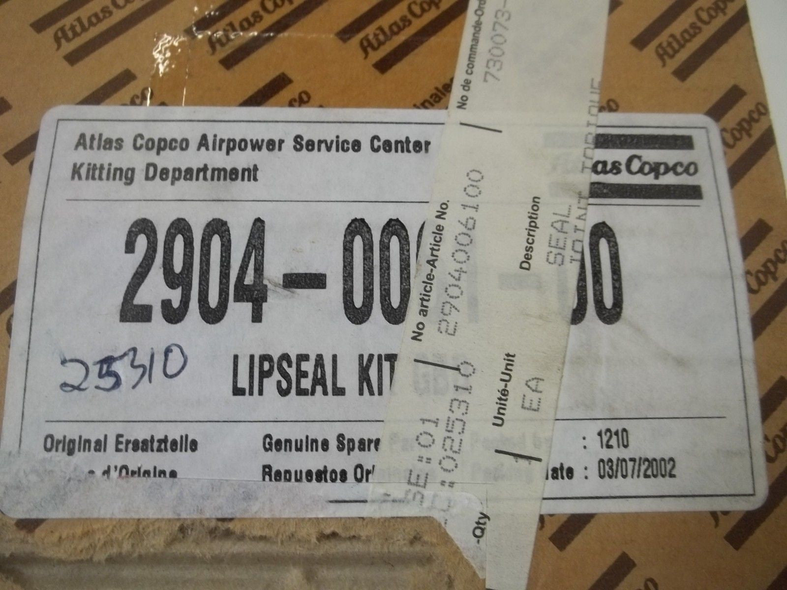 ATLAS COPCO 2904-0001-00 LIPSEAL KIT *USED*