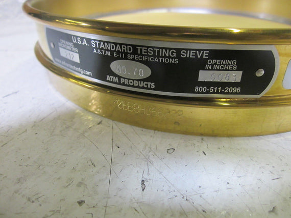 ATM CORP. 70BB8H STANDARD TESTING SIEVE 8" *NEW IN BOX*