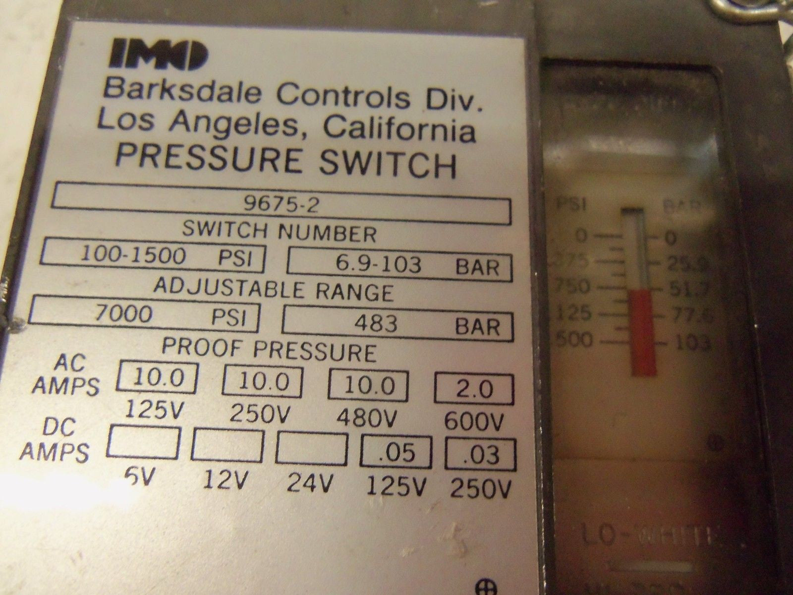 BARKSDALE 9675-2 PRESSURE SWITCH *USED*