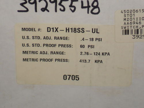 BARKSDALE D1X-H18SS-UL PRESSURE SWITCH  *NEW IN BOX*
