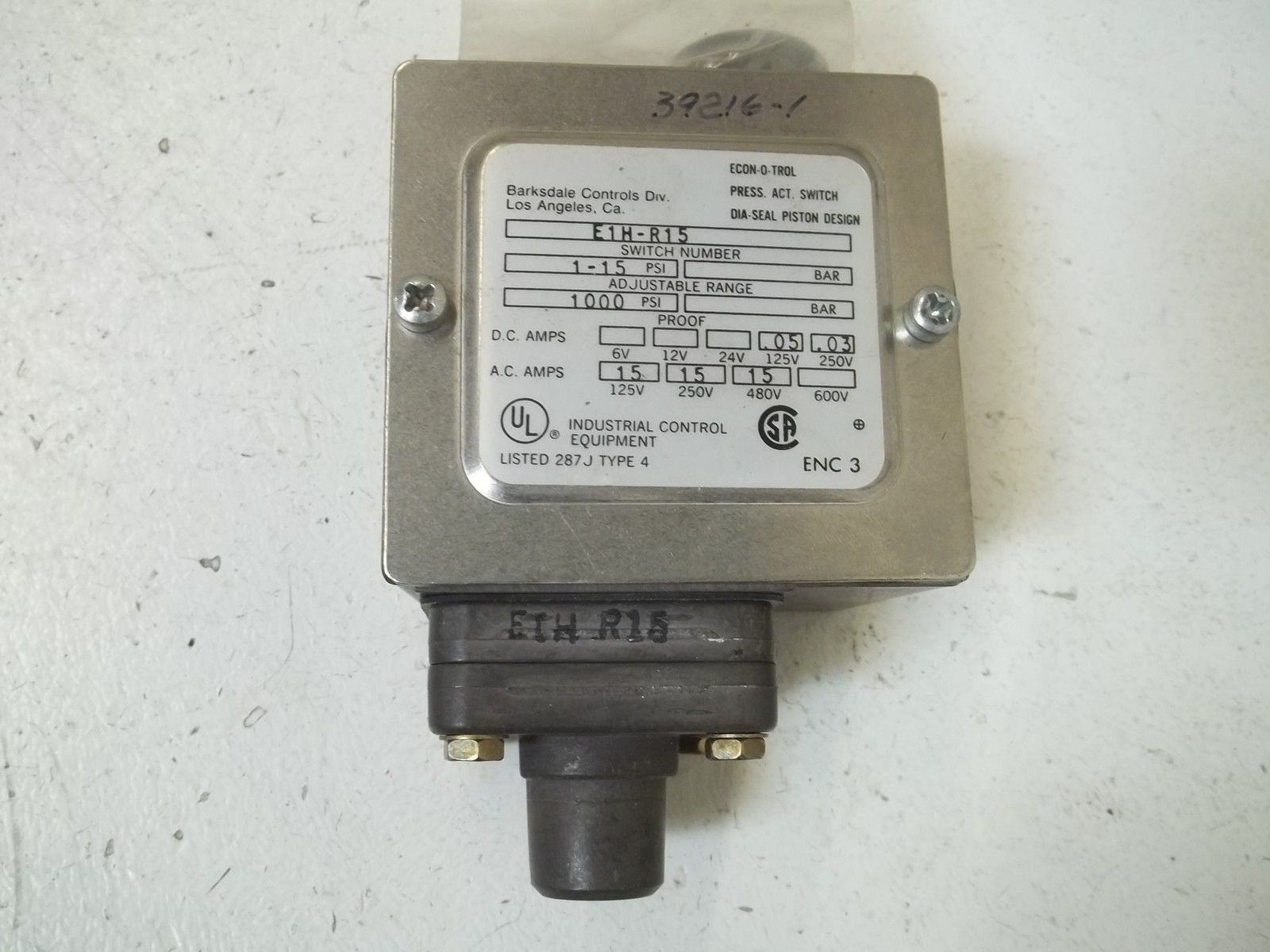 BARKSDALE E1H-R15 PRESSURE SWITCH ADJUSTABLE NSNP