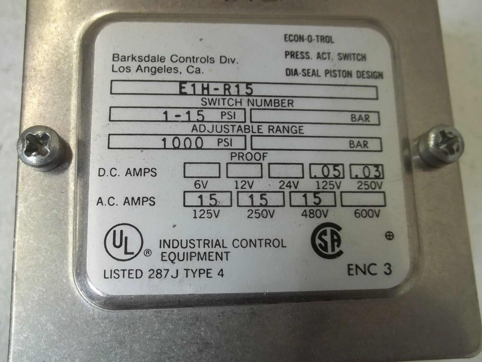 BARKSDALE E1H-R15 PRESSURE SWITCH ADJUSTABLE NSNP