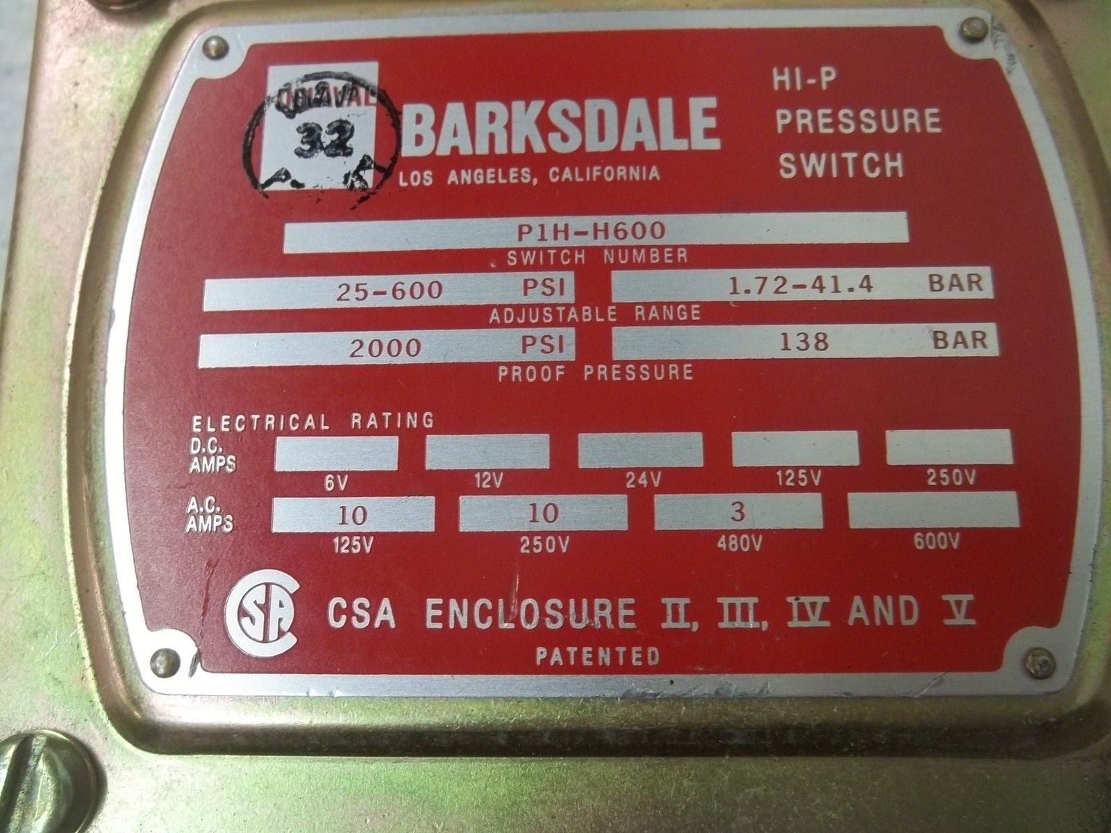 BARKSDALE P1H-H600 HI-P PRESSURE SWITCH *NEW NO BOX*