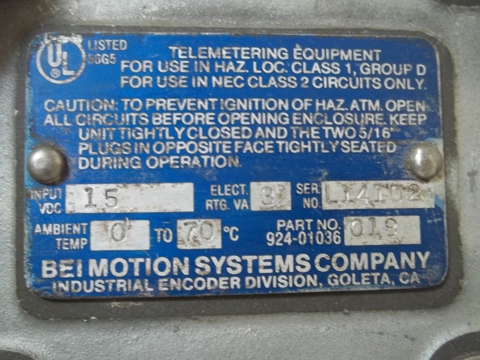 BEI MOTION SYSTEMS COMPANY H38D-H25N-CW-8GC-7406-LED-SC-UL-S ENCODER*USED*