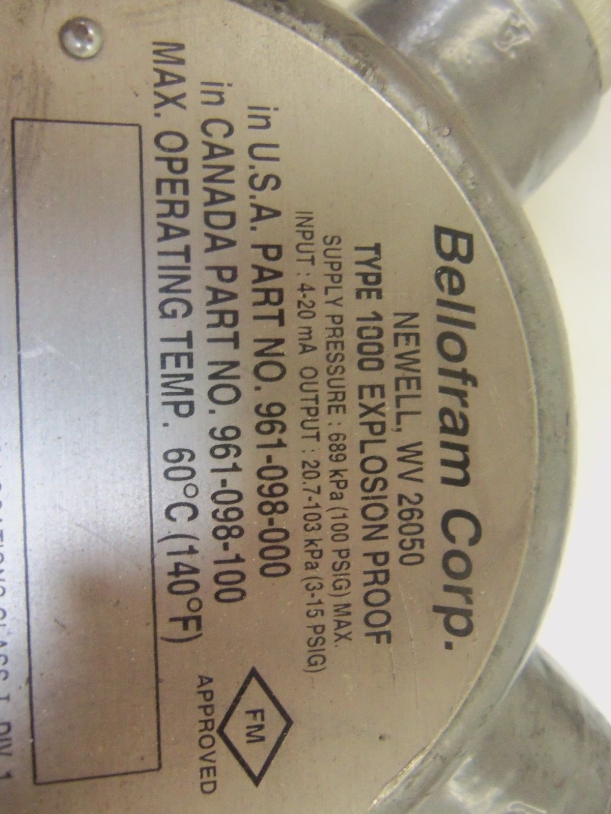 BELLOFRAM TYPE 1000 961-098-000 EXPLOSION PROOF TRANSDUCER *USED*