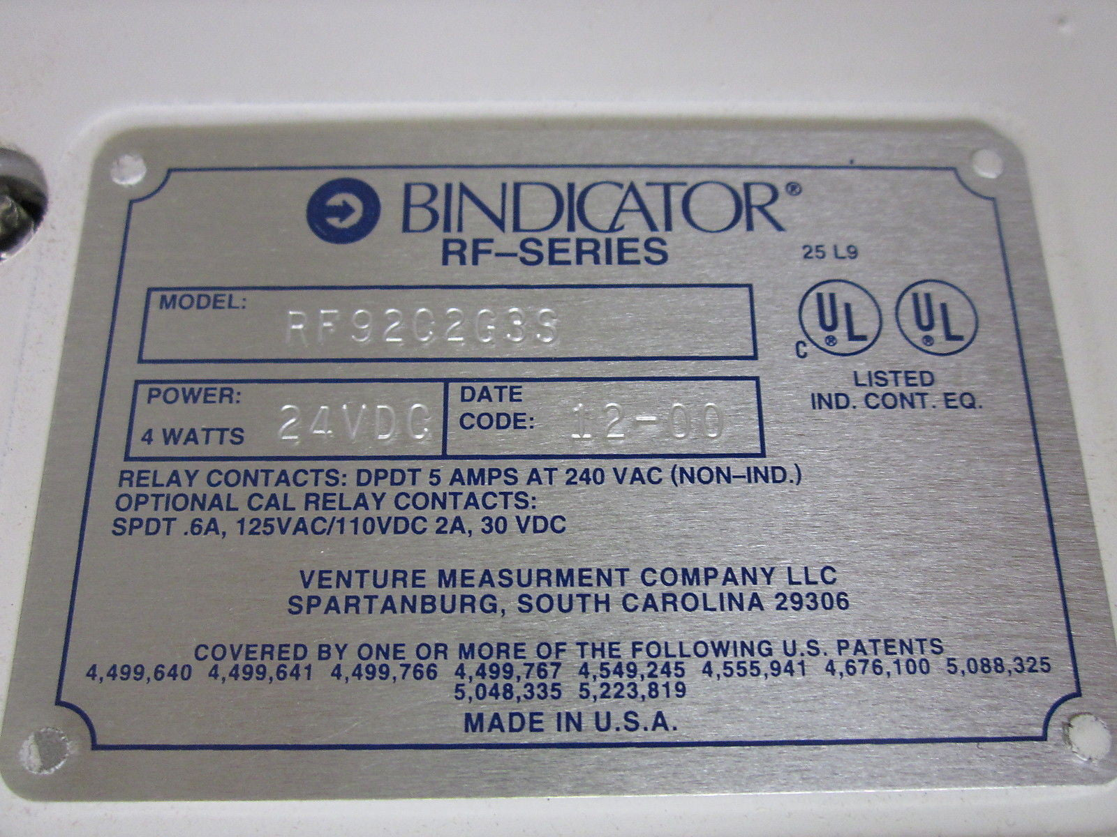 BINDICATOR RF92C2G3S INDICATOR *NEW IN BOX*